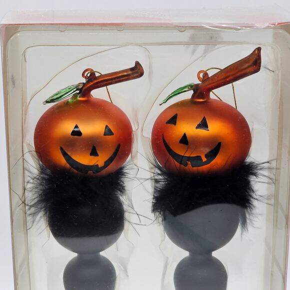 Rare Halloween Jack-o'-Lantern Glass Ornaments - Pumpkin Face & Feather Accents - Picture 4 of 7